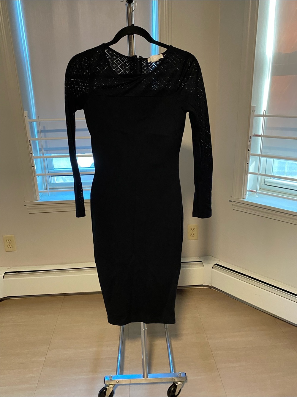 love, Fire Black Long-Sleeve Sheath Dress with Lace Yoke
